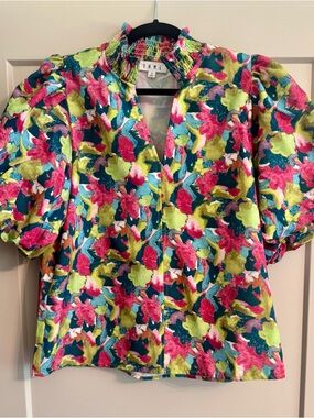 THML Floral Puff-Sleeve V-Neck Top in Pink, Green & Teal